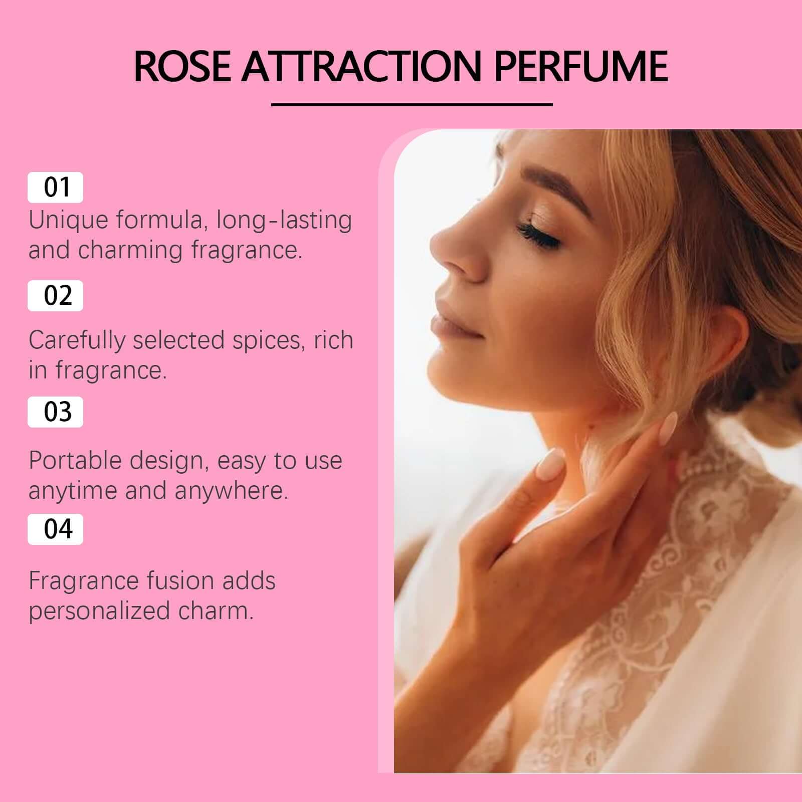 Rose Attraction Perfume features unique, long-lasting fragrance; portable design for easy use anywhere; adds personalized charm.