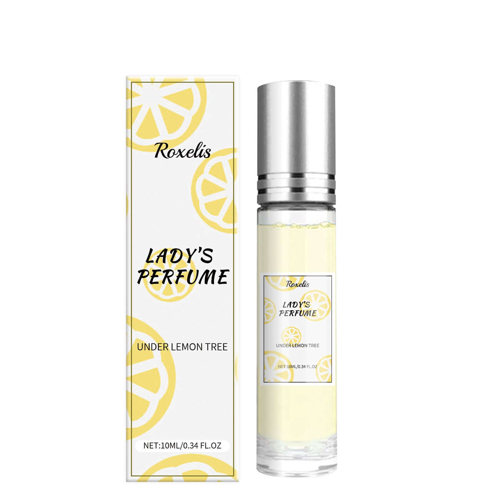 Lemon Yellow Perfume by Roxelis in a 10ml bottle, charming scent with lemon extract, stylish packaging featuring lemon slices.
