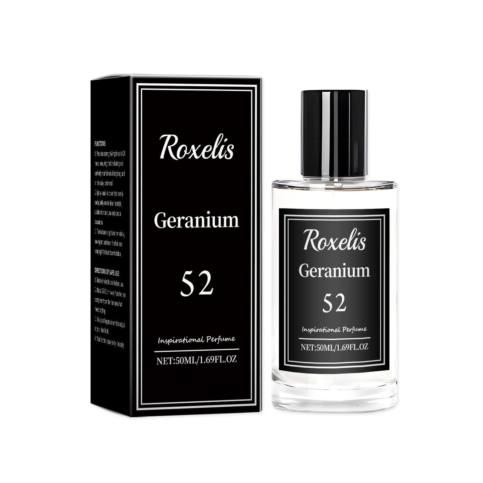Inspired perfume featuring sandalwood and geranium, in elegant packaging. 50ml bottle of Roxelis Geranium 52.