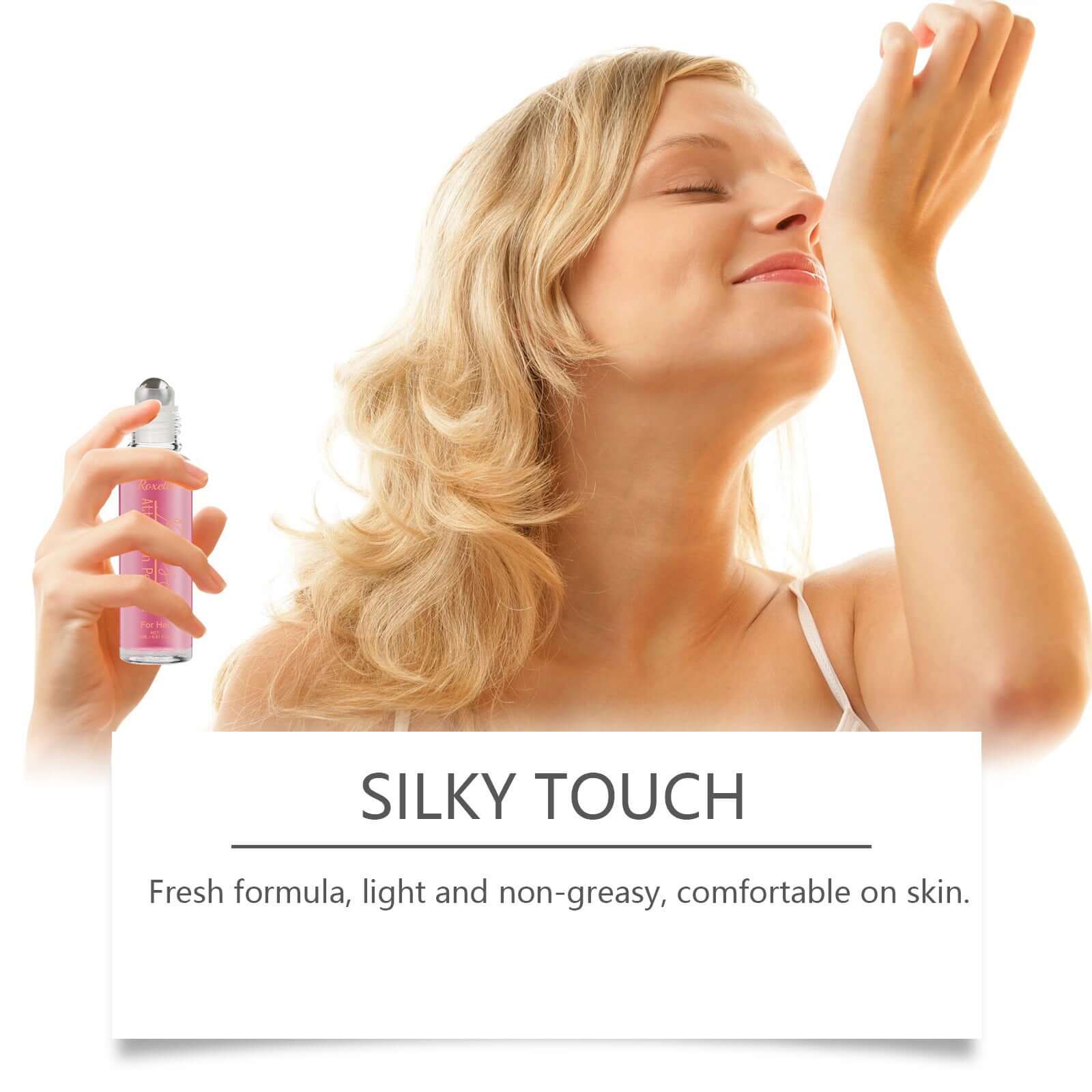 Woman applying Rose Light Perfume, highlighting its silky, non-greasy formula for body care.