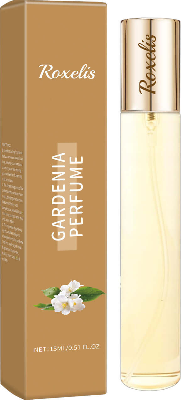 Roxelis Gardenia Perfume in elegant bottle and packaging featuring floral notes and 15 ml size.