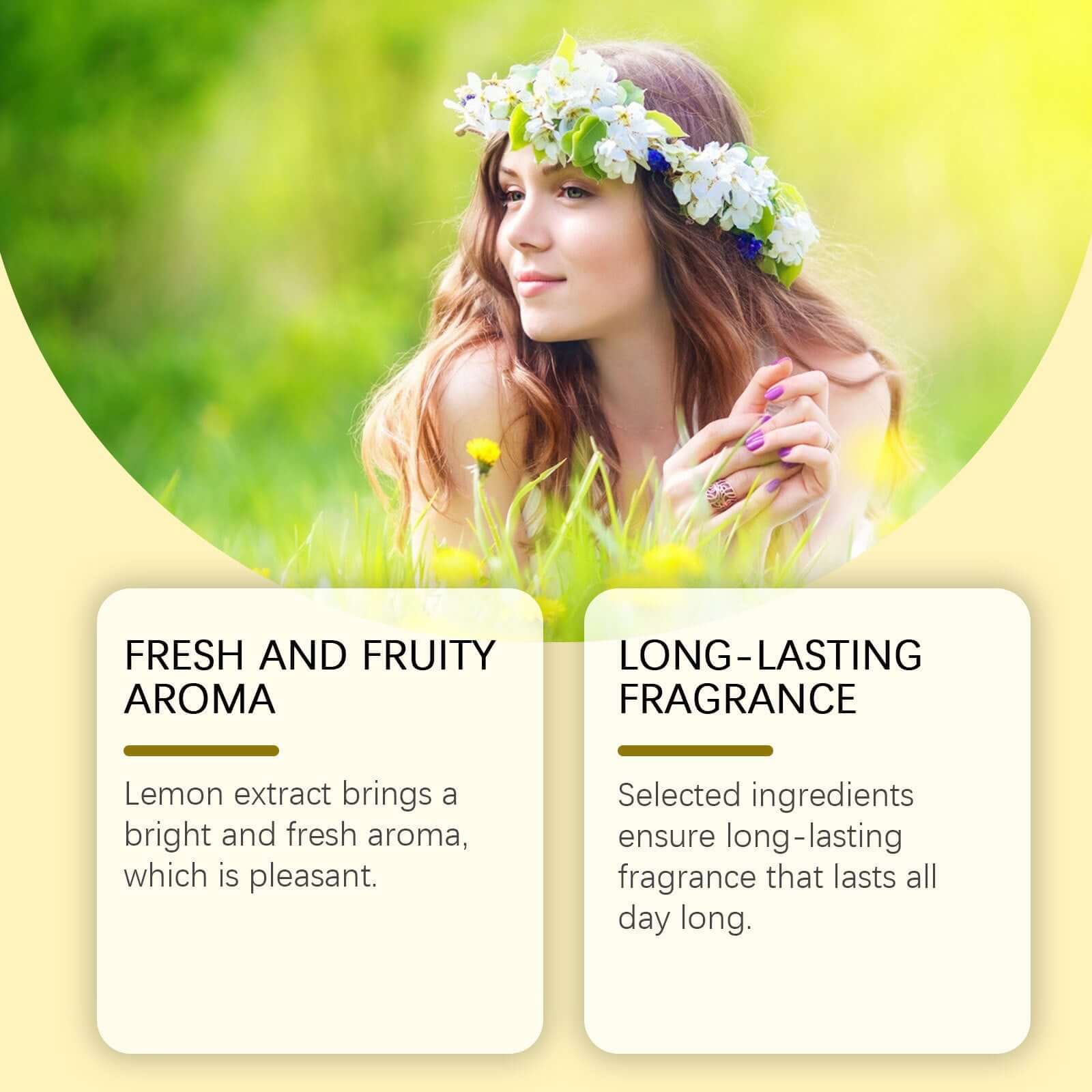 Woman in a flower crown enjoying a fresh lemon fragrance in a bright, sunny field, highlighting a fruity aroma.