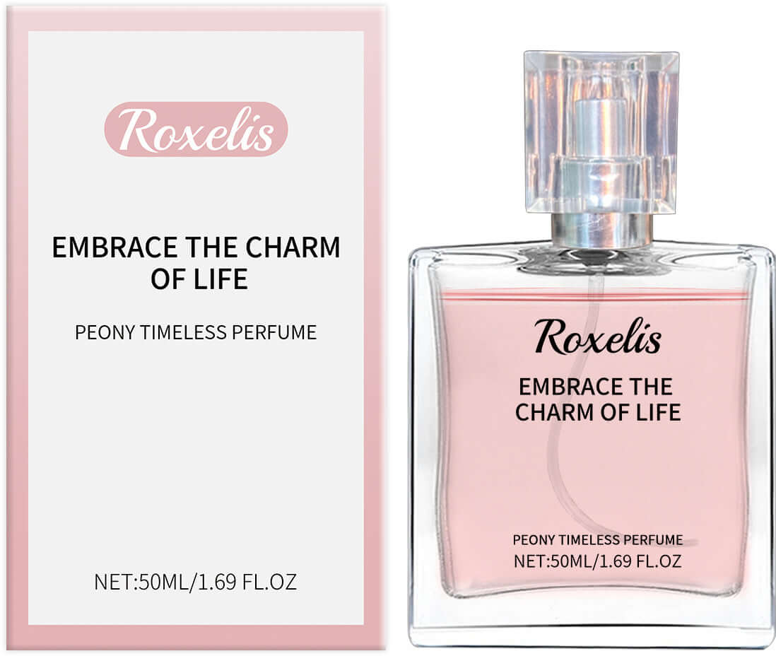 Eternal Perfume by Roxelis, a 50ml peony fragrance in a sleek bottle, celebrating the essence of life.