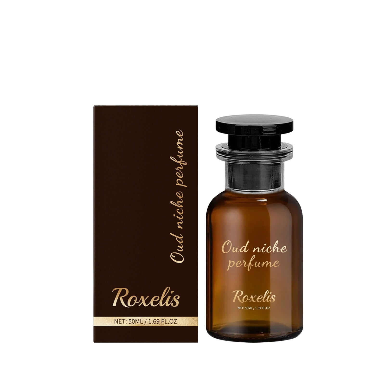 Showcasing Roxelis Oud niche perfume in a sleek bottle and stylish packaging, perfect for luxury scent lovers.