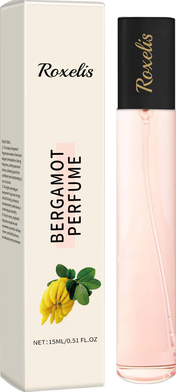 Roxelis Bergamot Perfume in a 15ml bottle featuring bergamot and freesia extracts for a refreshing scent.