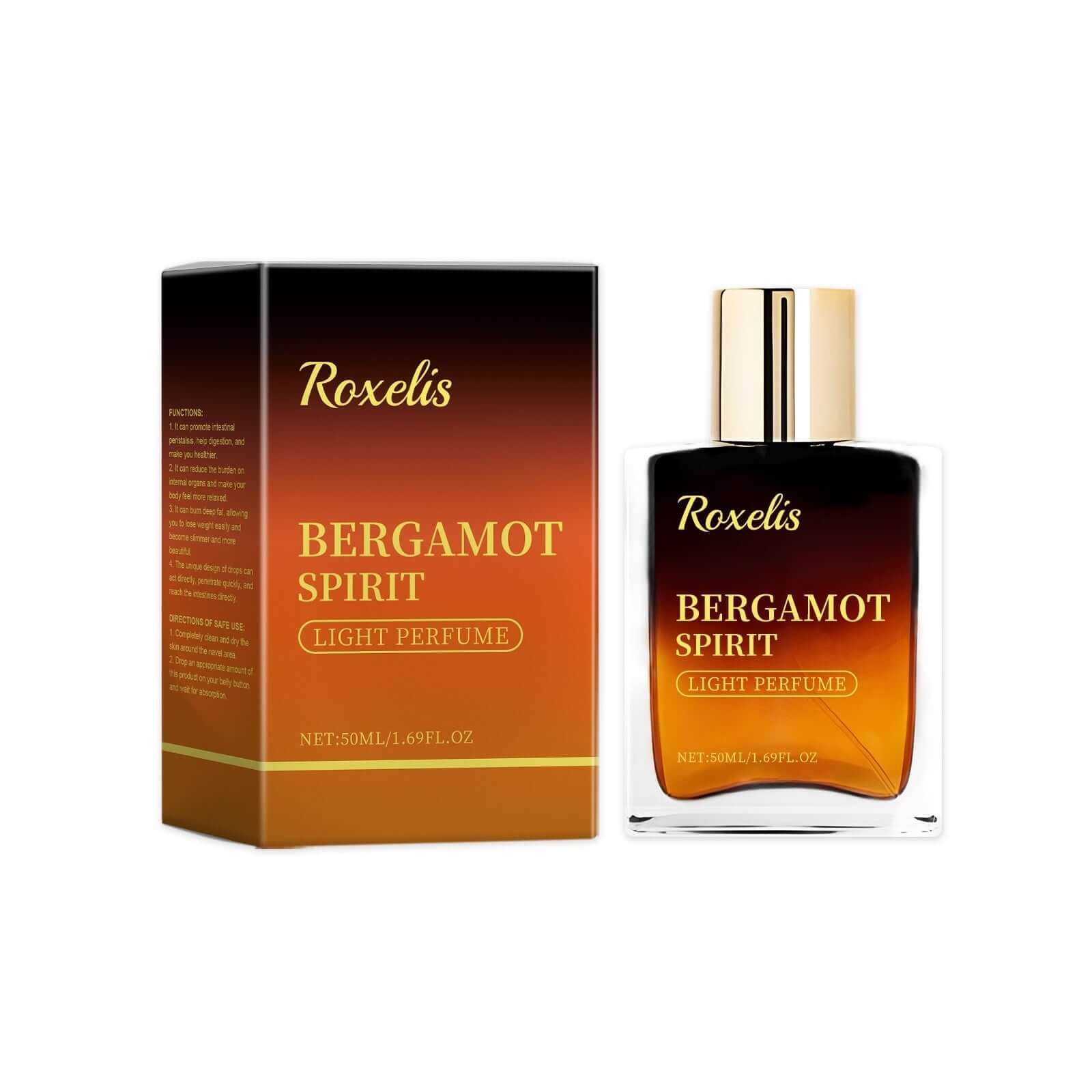 Bergamot Spirit Light Perfume by Roxelis in elegant packaging, showcasing a 50ml bottle filled with a refreshing fragrance.