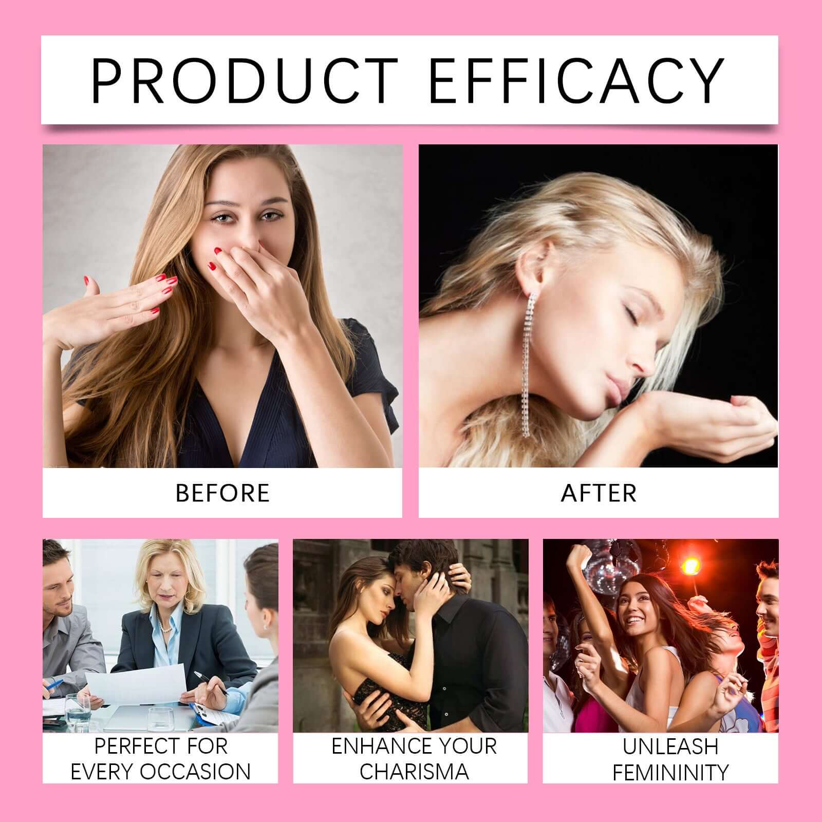 Before and after images showcasing product efficacy, emphasizing moments of confidence and femininity.