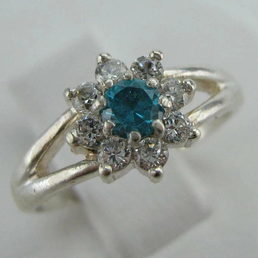 925 Sterling Silver Ring Band US size 4.5 Cluster Flower Star Blue White CZ