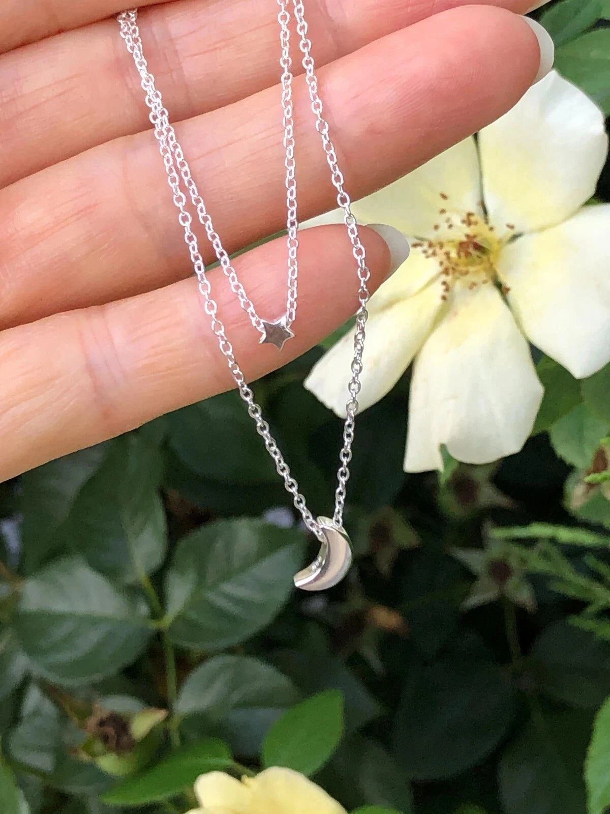 925 Sterling Silver Plain Star Crescent Moon Pendant Layered Necklace 2.8/7.8mm