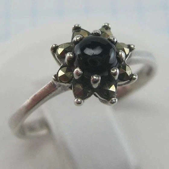 925 Sterling Silver Ring Band US Size 8.0 Black Stone Cabochon Marcasite