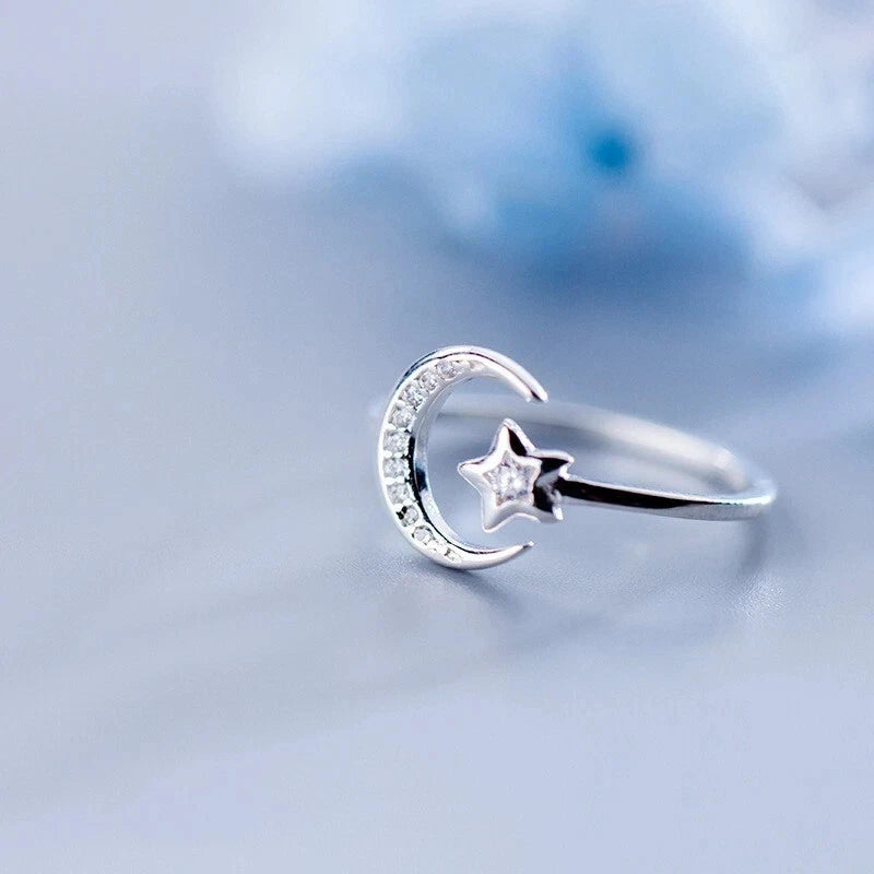 925 Sterling Silver plated Shiny Star Moon Adjustable Rings Jewelry Gift