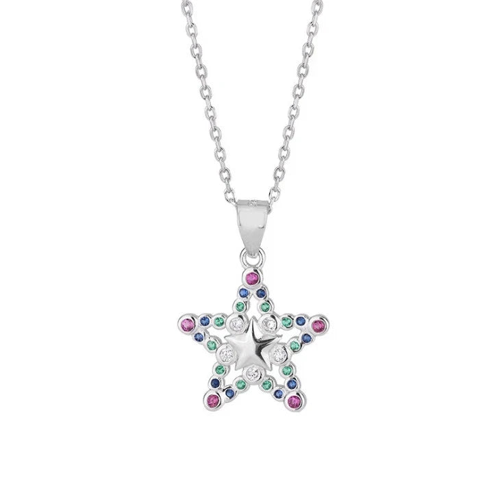 925 Sterling Silver Multi-Color Cz 16mm/0.63" Star Pendant Necklace 18" Gift I40