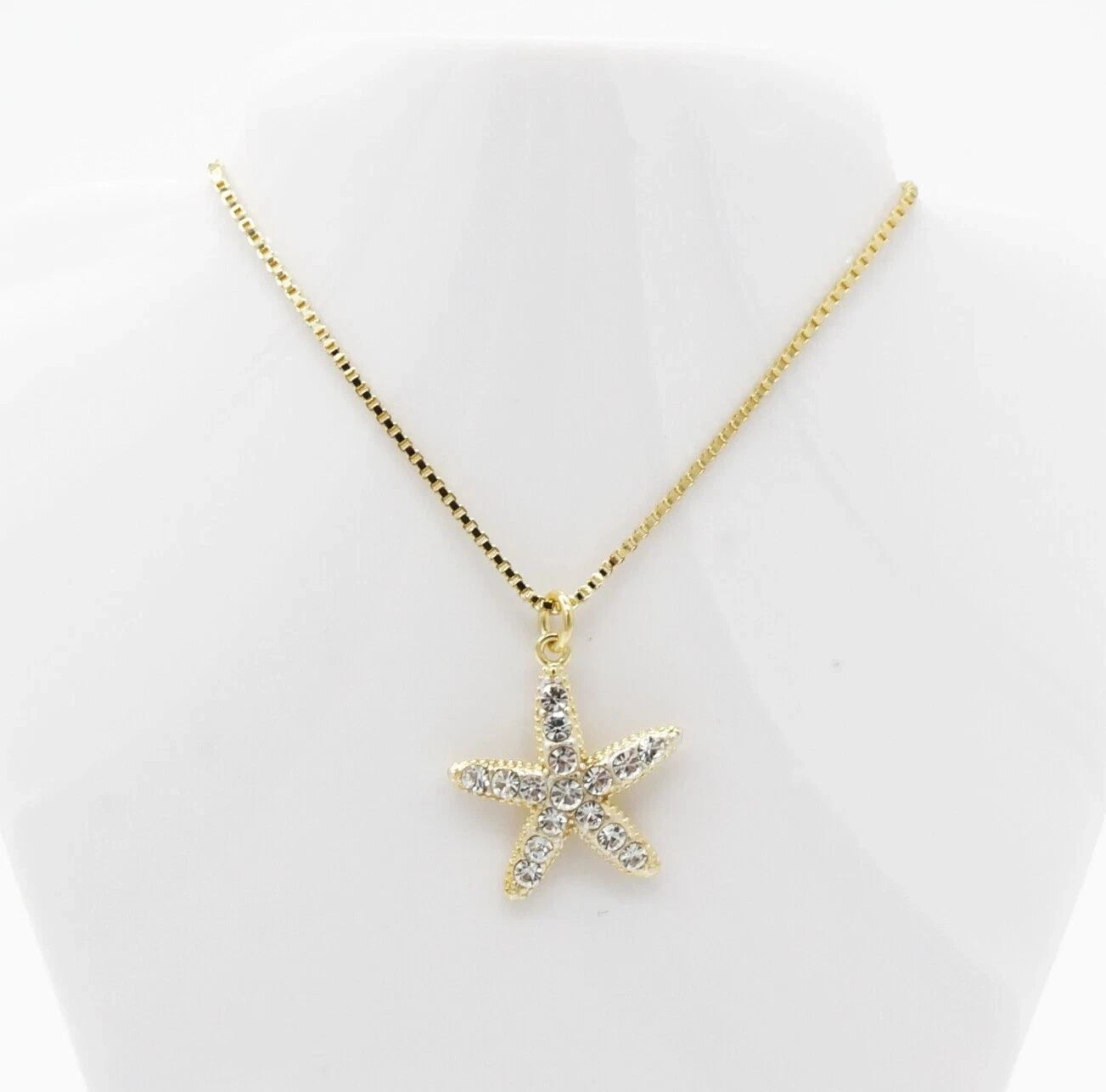 925 Sterling Silver Mini CZ Cubic Zirconia Gold Starfish Charm with 18" Necklace