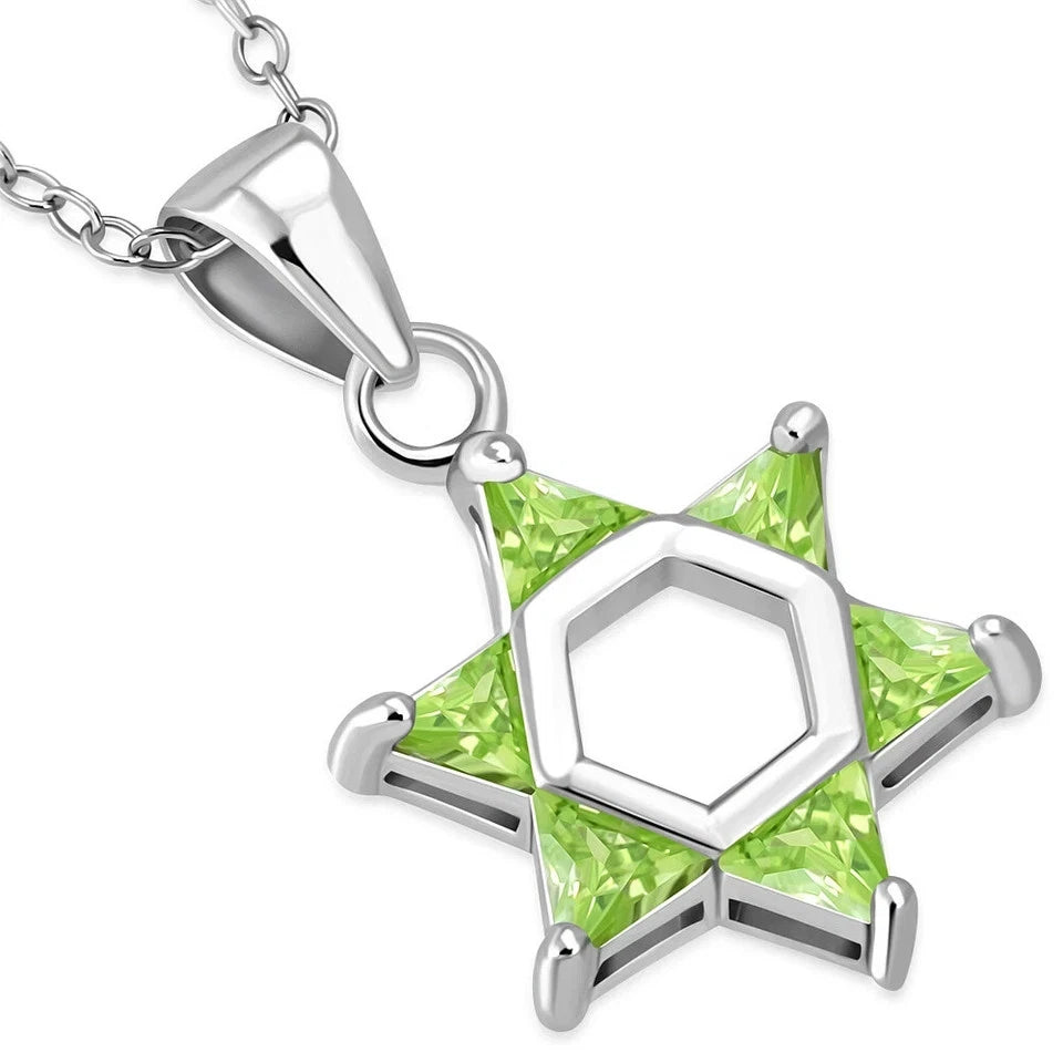 925 Sterling Silver Light Green CZ Jewish Star of David Pendant Necklace
