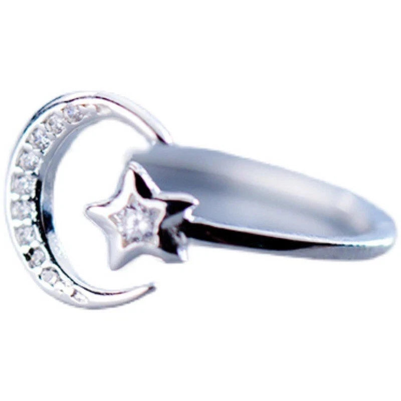 925 Sterling Silver plated Shiny Star Moon Adjustable Rings Jewelry Gift