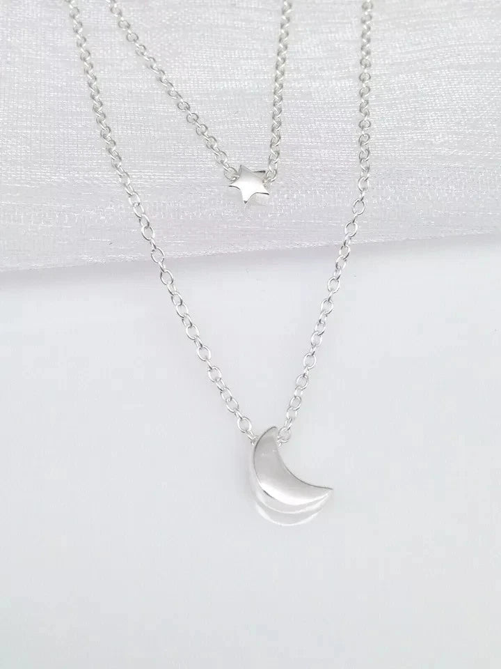 925 Sterling Silver Plain Star Crescent Moon Pendant Layered Necklace 2.8/7.8mm