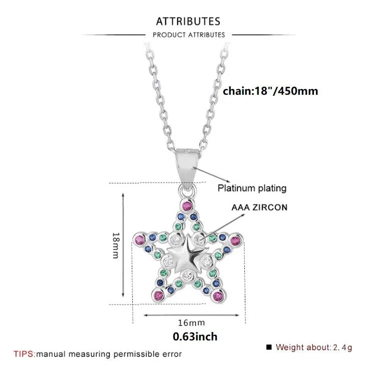 925 Sterling Silver Multi-Color Cz 16mm/0.63" Star Pendant Necklace 18" Gift I40