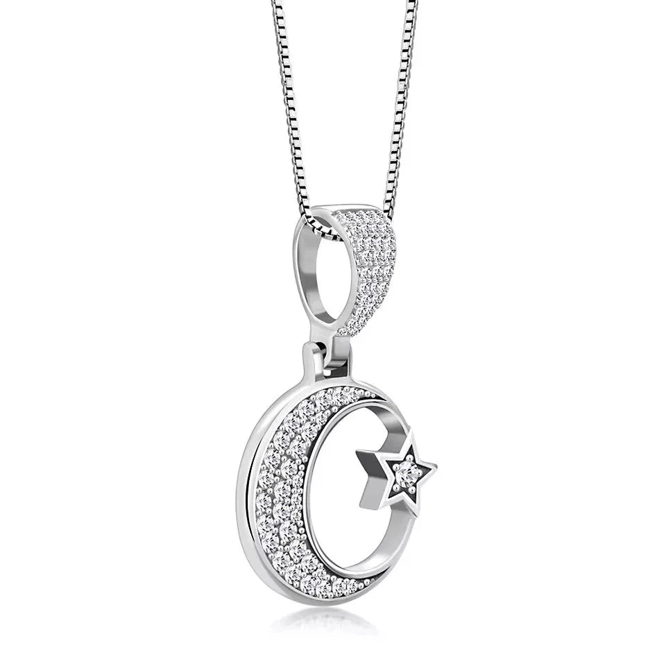 925 Sterling Silver CZ Islamic Muslim Pendant Crescent Moon Star Design