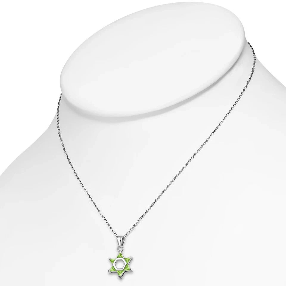 925 Sterling Silver Light Green CZ Jewish Star of David Pendant Necklace