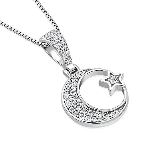 925 Sterling Silver CZ Islamic Muslim Pendant Crescent Moon Star Design