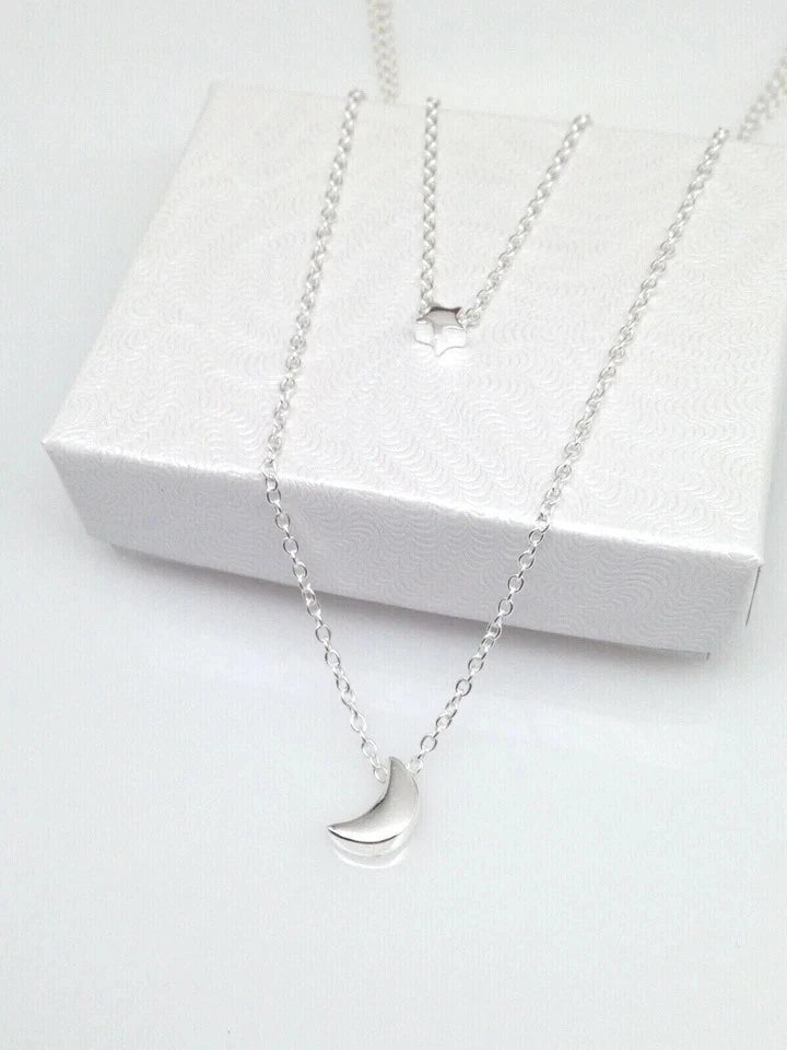 925 Sterling Silver Plain Star Crescent Moon Pendant Layered Necklace 2.8/7.8mm