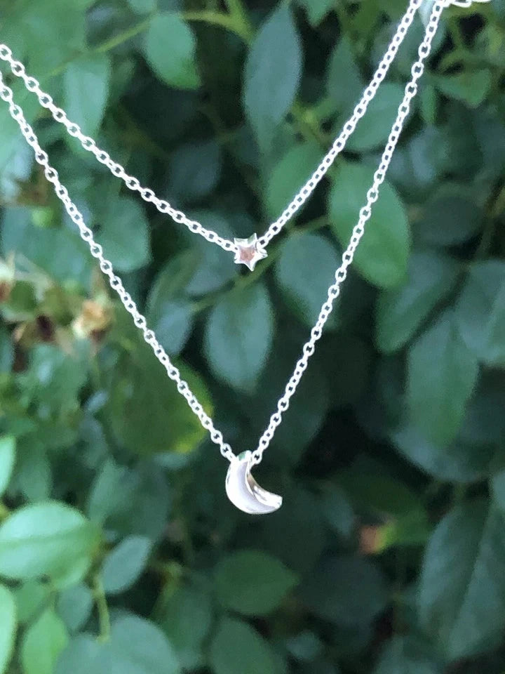 925 Sterling Silver Plain Star Crescent Moon Pendant Layered Necklace 2.8/7.8mm