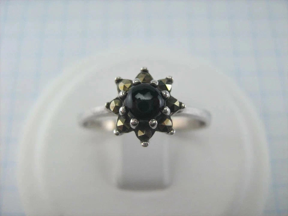 925 Sterling Silver Ring Band US Size 8.0 Black Stone Cabochon Marcasite