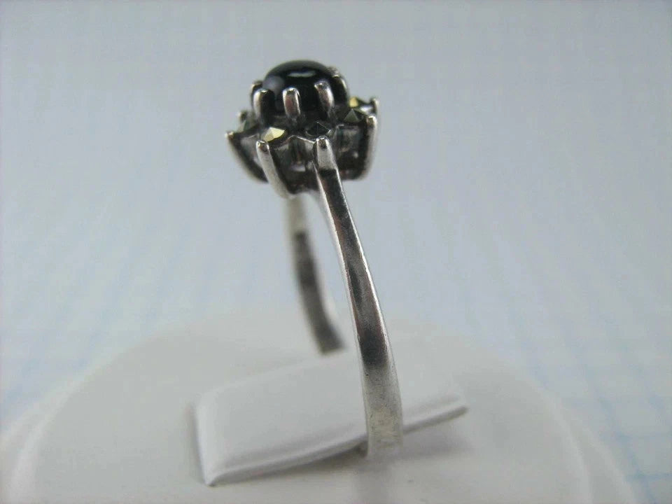925 Sterling Silver Ring Band US Size 8.0 Black Stone Cabochon Marcasite
