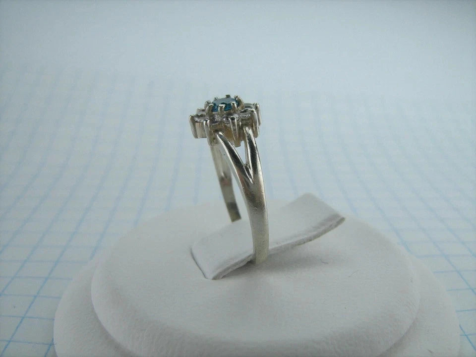 925 Sterling Silver Ring Band US size 4.5 Cluster Flower Star Blue White CZ