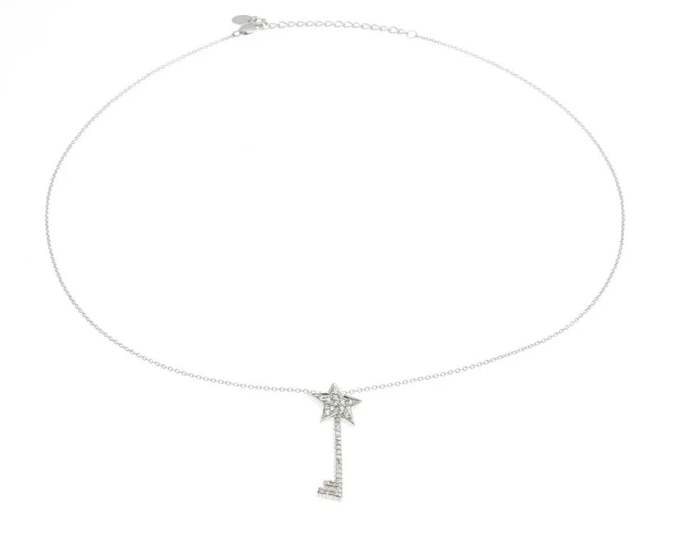 925 Sterling Silver Pave C Z Key Star Rolo Chain Necklace 18"